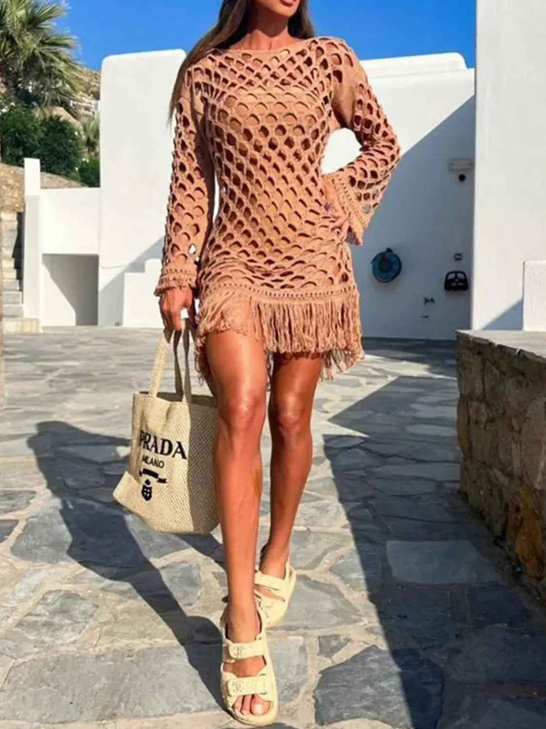 Fringe Cutout Long Sleeve Cover Up - Mr Lou’s Place