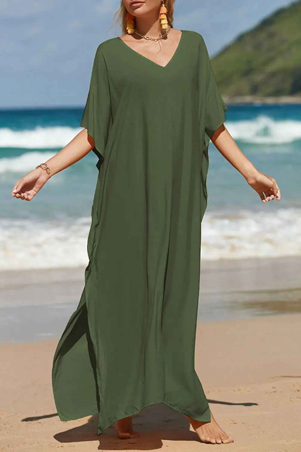 Slit V-Neck Half Sleeve Cover-Up - Mr Lou’s Place