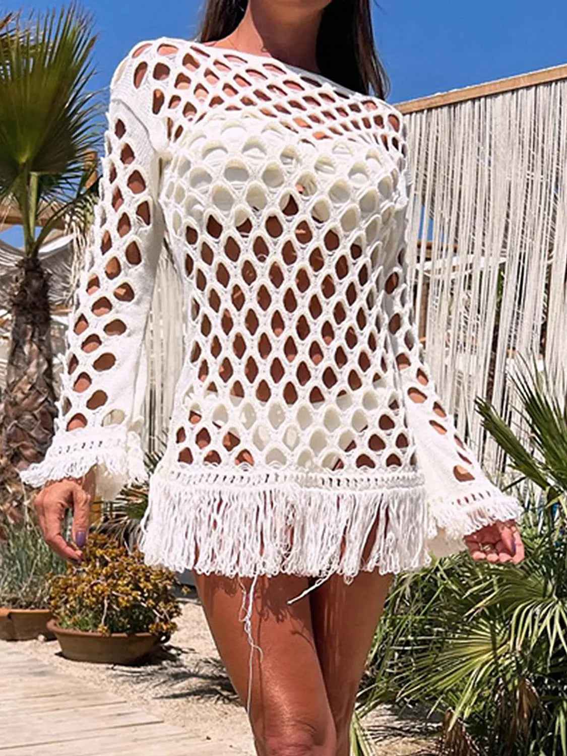 Fringe Cutout Long Sleeve Cover Up - Mr Lou’s Place