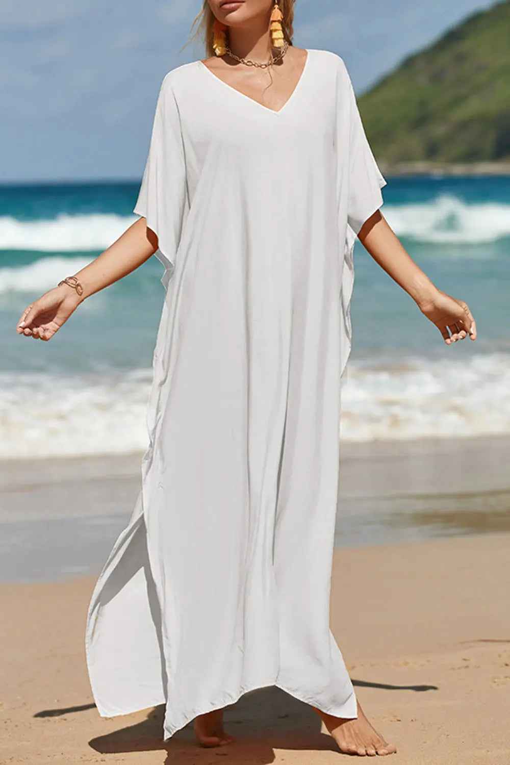 Slit V-Neck Half Sleeve Cover-Up - Mr Lou’s Place