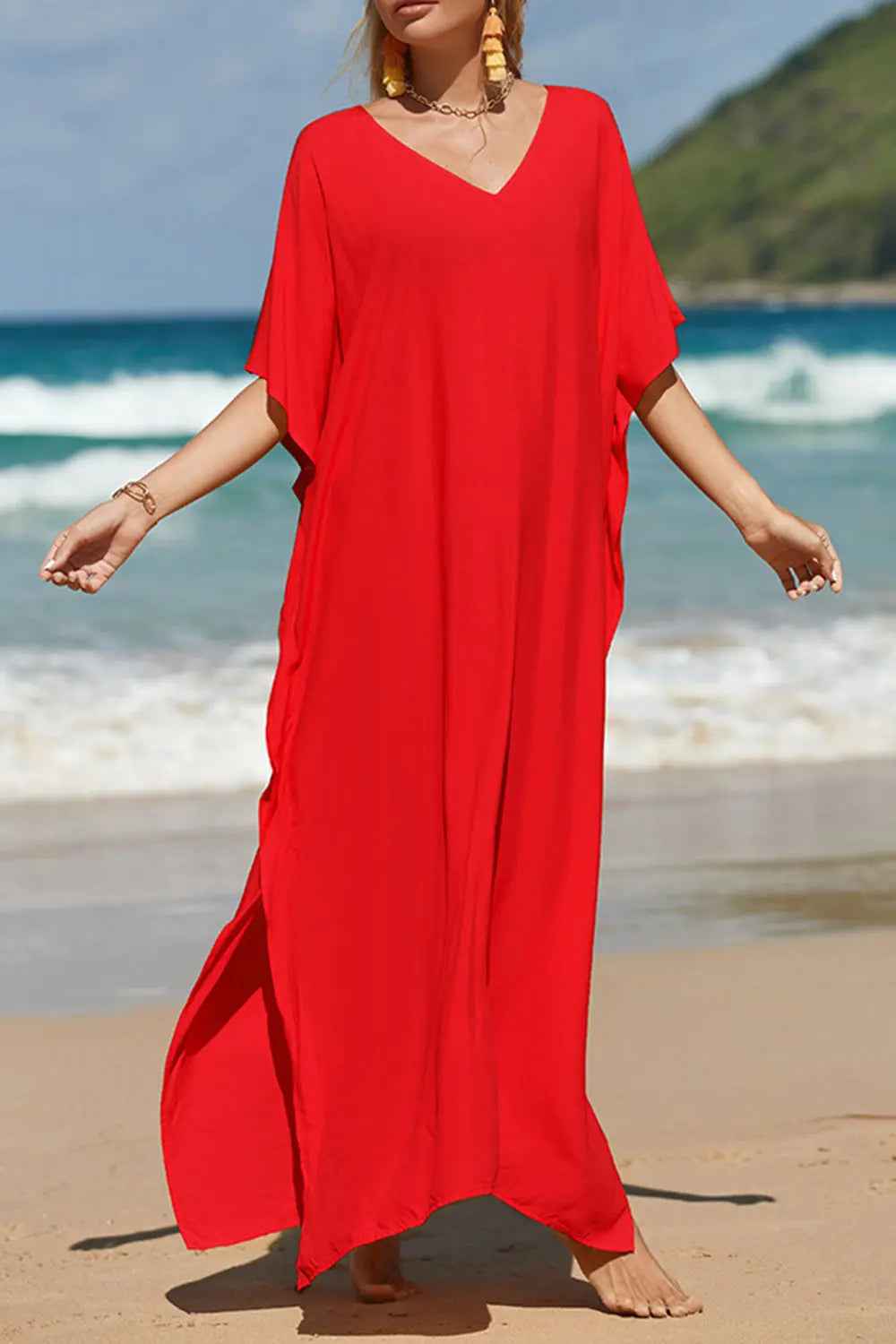 Slit V-Neck Half Sleeve Cover-Up - Mr Lou’s Place