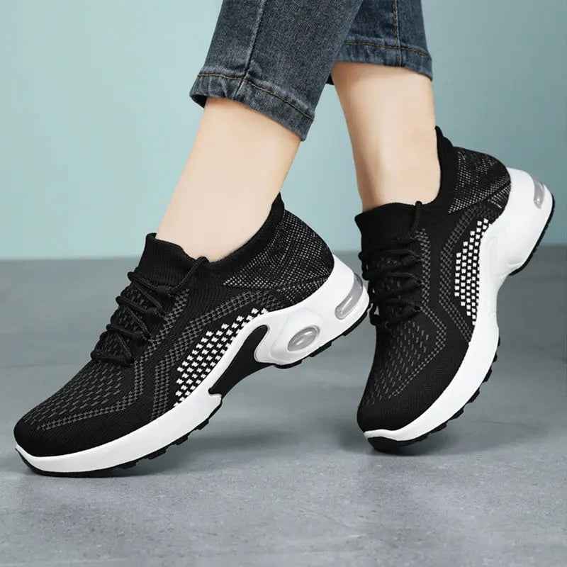 Lace-up Air Cushion Sneakers Women Flying Woven Breathable Casual Mesh Shoes Summer - Mr Lou’s Place