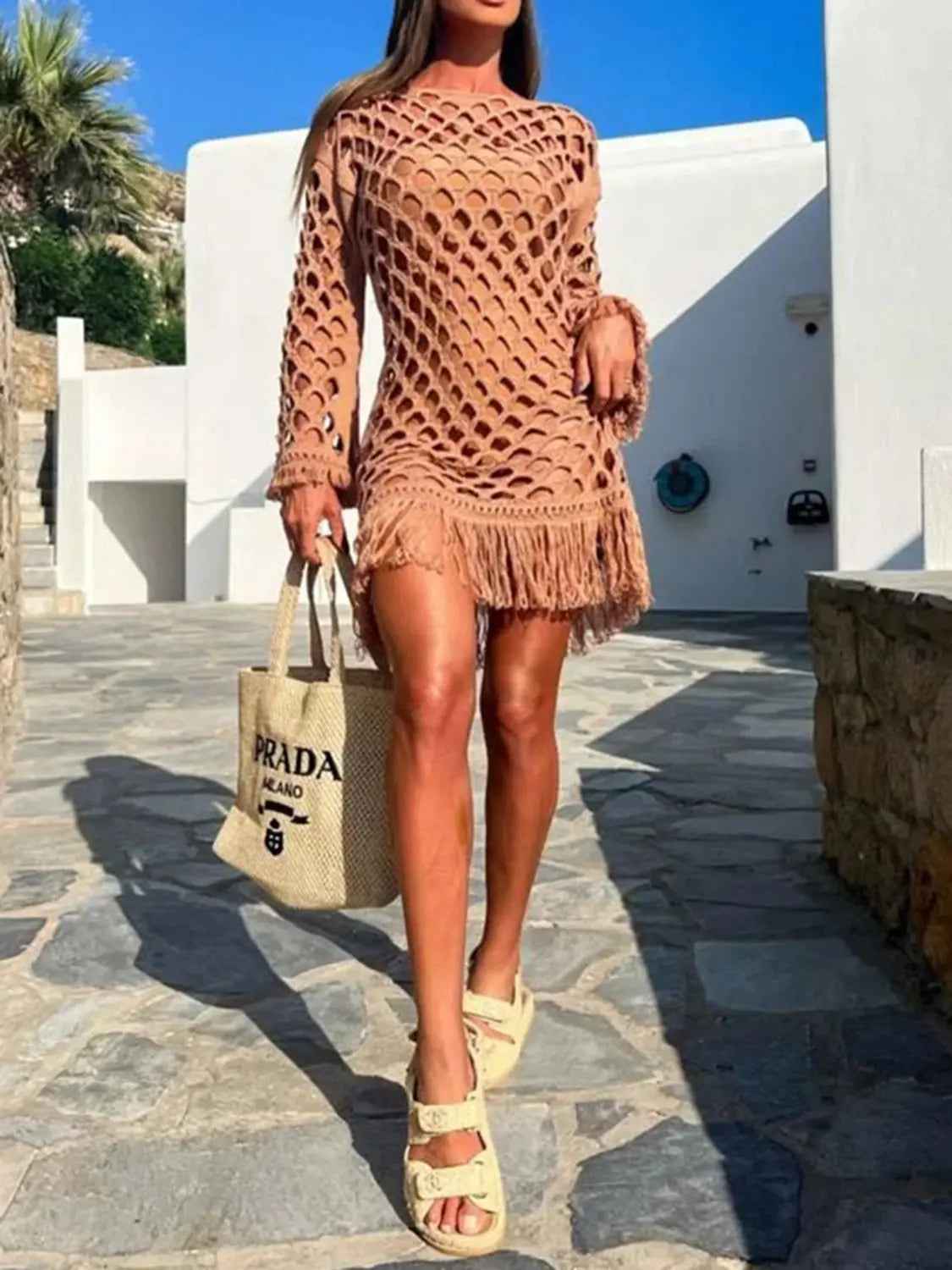 Fringe Cutout Long Sleeve Cover Up - Mr Lou’s Place