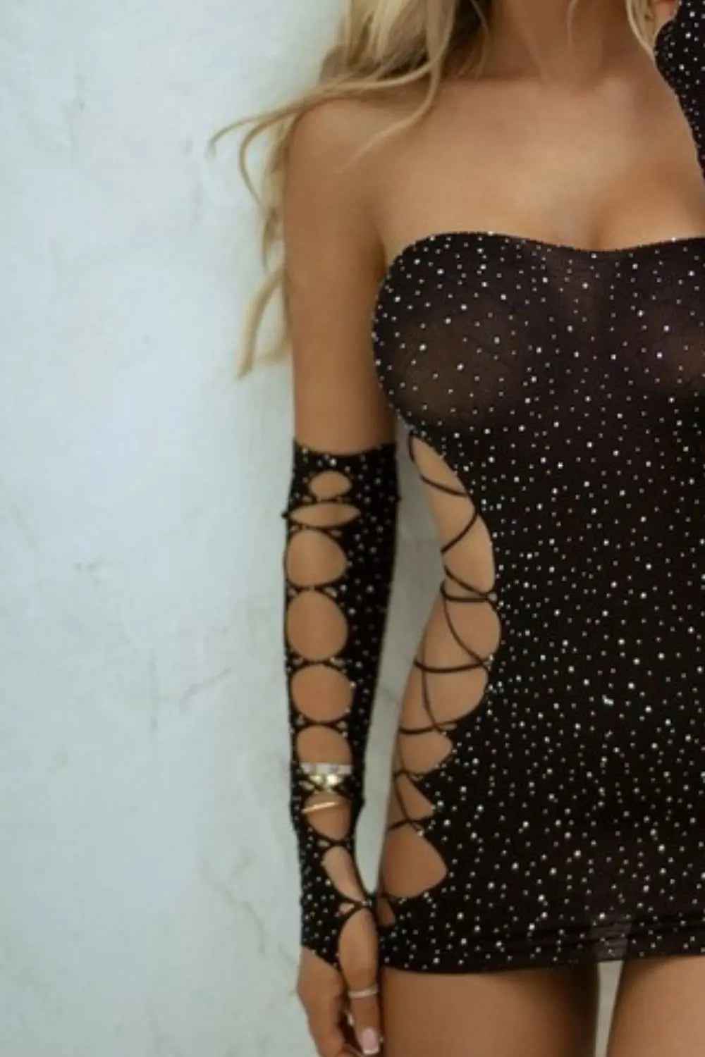 Yelete Rhinestone Lace Up Body Stocking with Gloves - Mr Lou’s Place