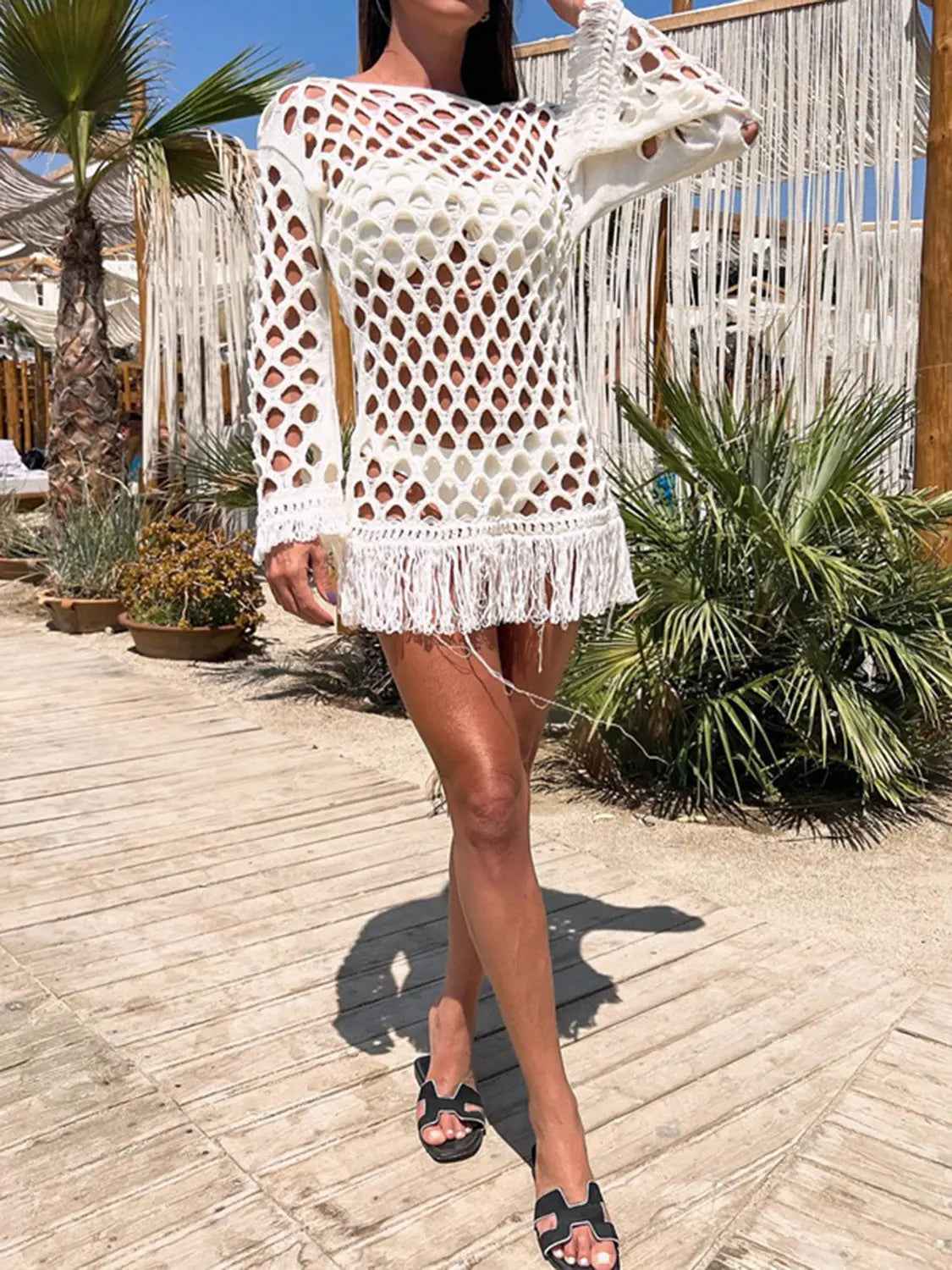 Fringe Cutout Long Sleeve Cover Up - Mr Lou’s Place