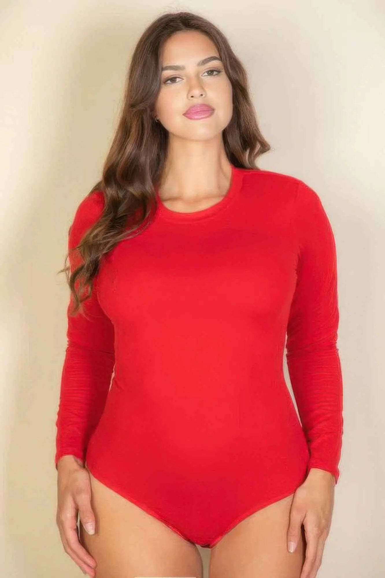 Plus solid long sleeve round neck bodysuit - Mr Lou’s Place