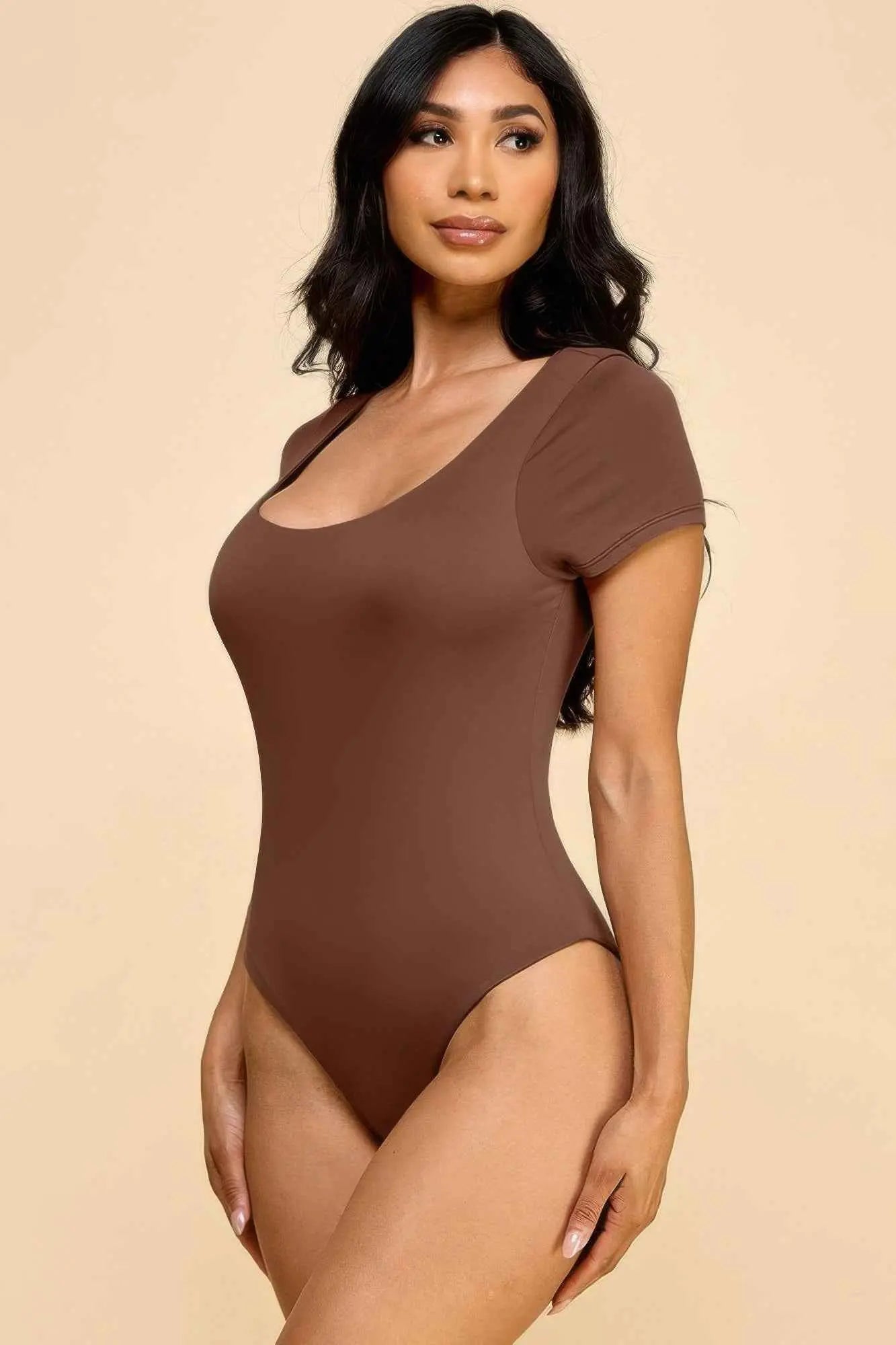Short Sleeve Scoop Neck Double Layered Bodysuit - Mr Lou’s Place