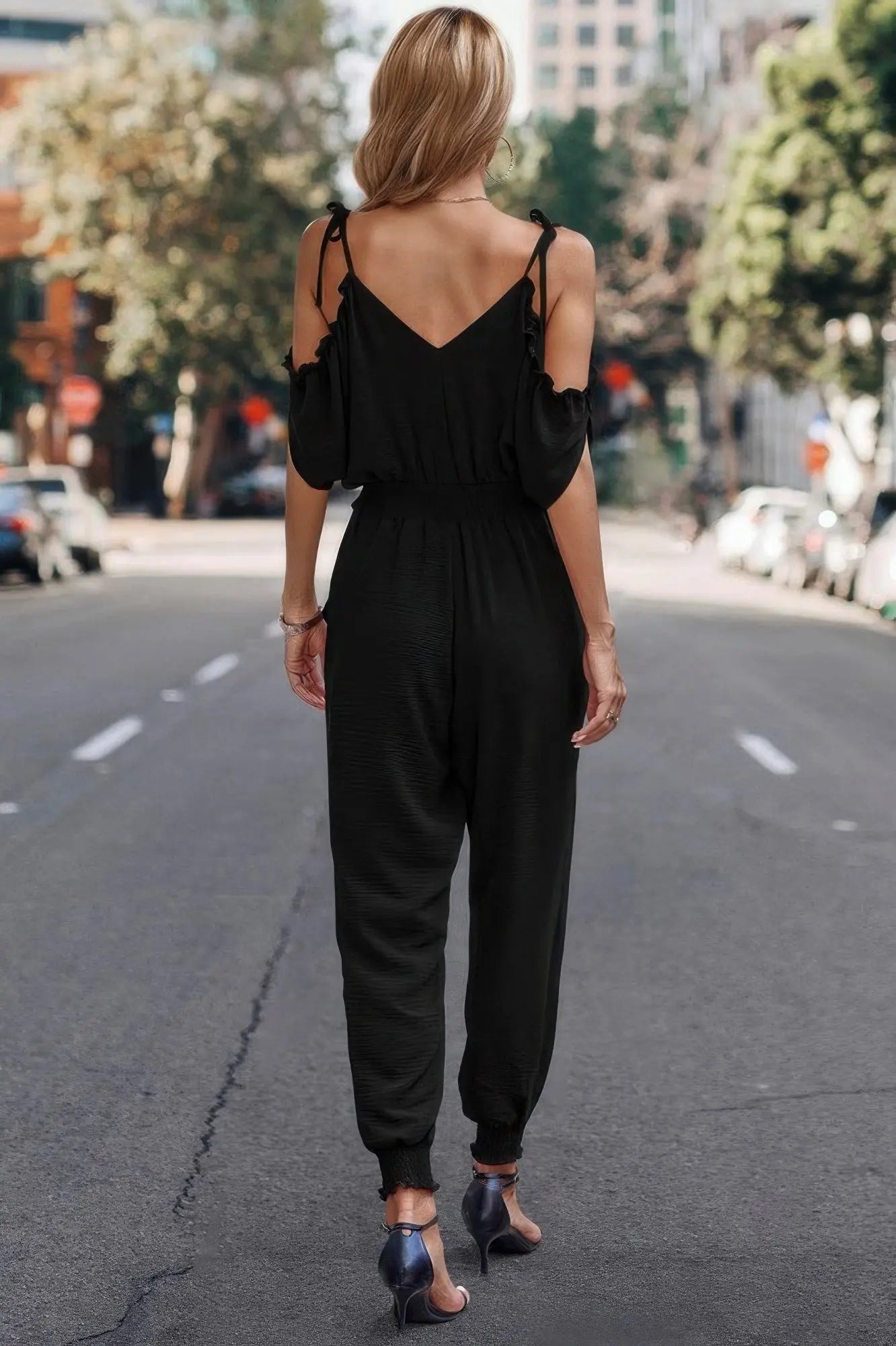 Solid Wrap V Neck Cold Shoulder Outfits Jumpsuit - Mr Lou’s Place