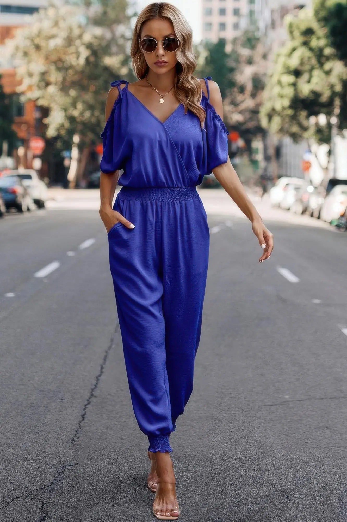 Solid Wrap V Neck Cold Shoulder Outfits Jumpsuit - Mr Lou’s Place