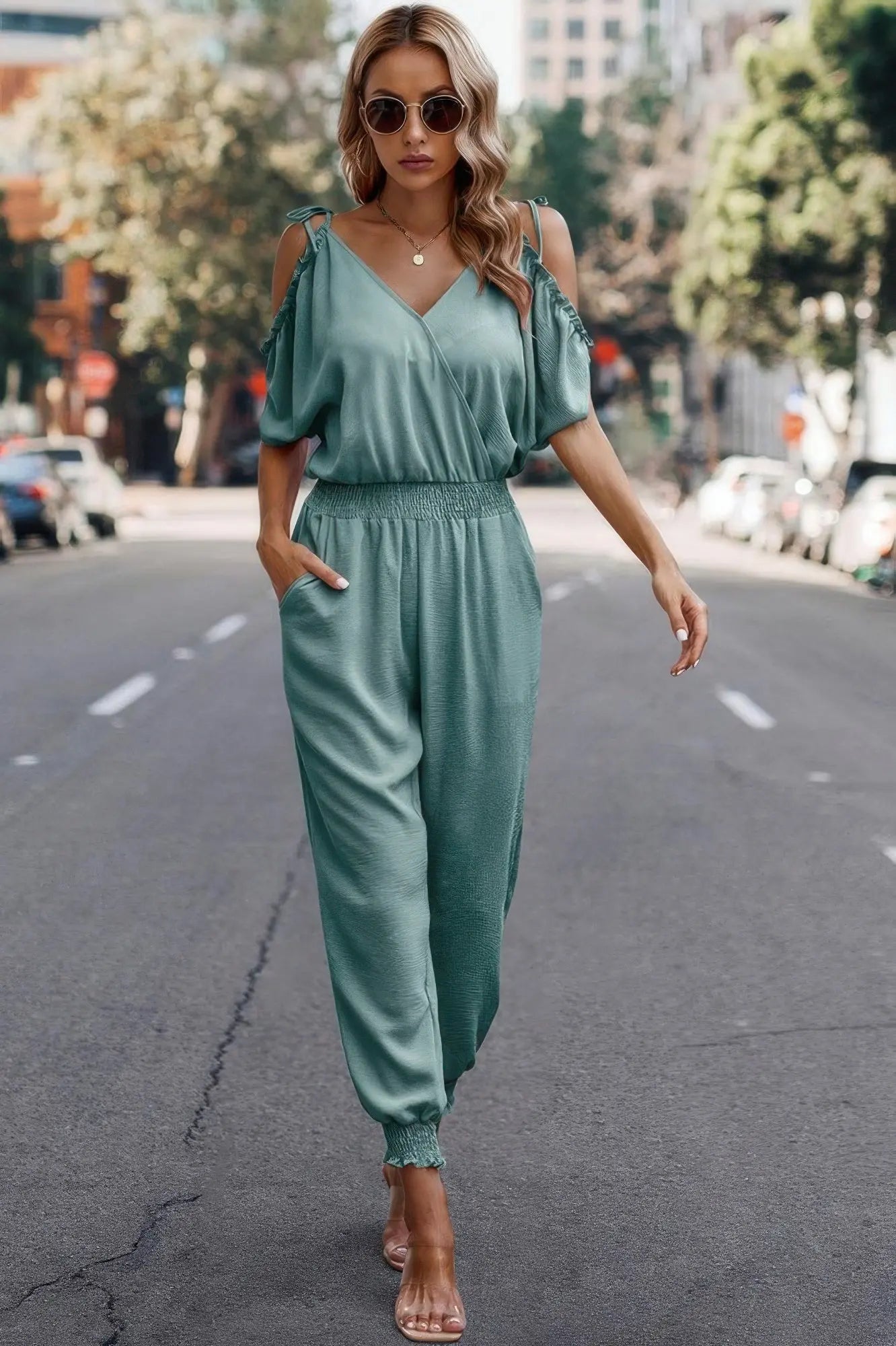 Solid Wrap V Neck Cold Shoulder Outfits Jumpsuit - Mr Lou’s Place