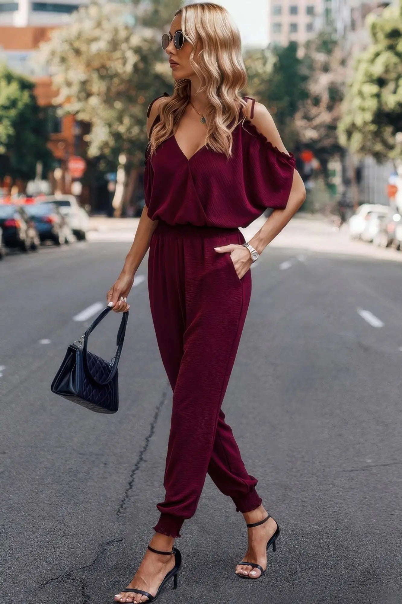Solid Wrap V Neck Cold Shoulder Outfits Jumpsuit - Mr Lou’s Place