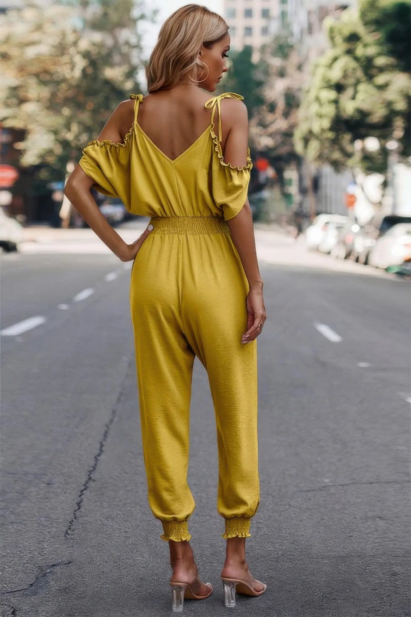 Solid Wrap V Neck Cold Shoulder Outfits Jumpsuit - Mr Lou’s Place