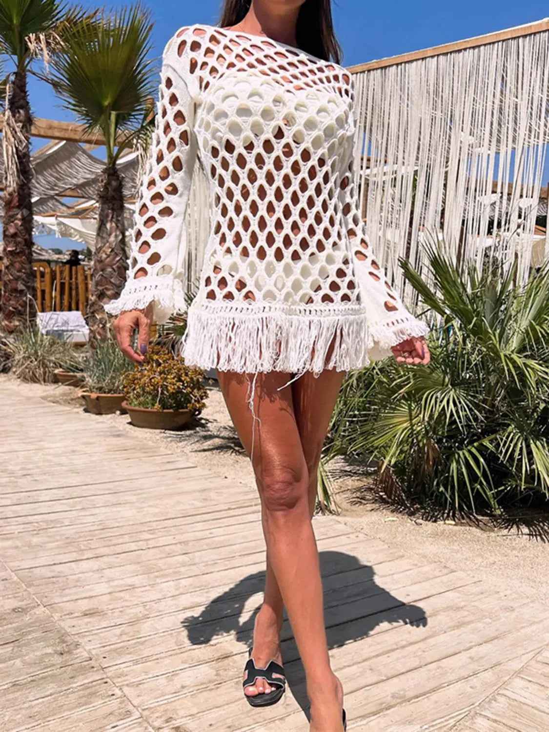 Fringe Cutout Long Sleeve Cover Up - Mr Lou’s Place