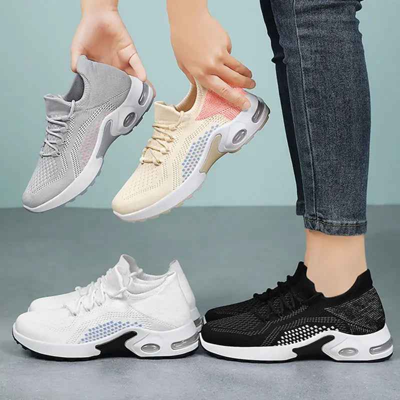 Lace-up Air Cushion Sneakers Women Flying Woven Breathable Casual Mesh Shoes Summer - Mr Lou’s Place